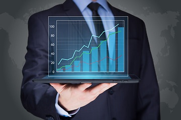 Image showing businessman hold tablet with graph on high technology