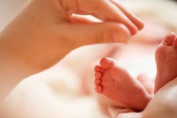 Image showing Mother holds in his hands a small baby foots