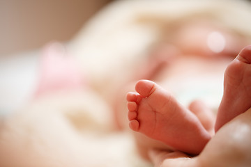 Image showing Mother holds in his hands a small baby foots