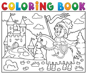Image showing Coloring book knight on horse by castle