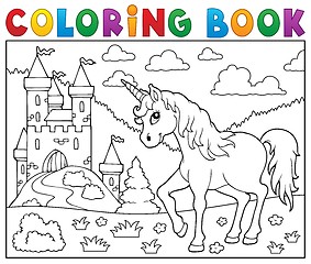 Image showing Coloring book unicorn near castle