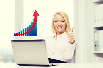 Image showing happy businesswoman with laptop showing thumbs up