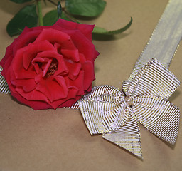 Image showing red rose and golden ribbon