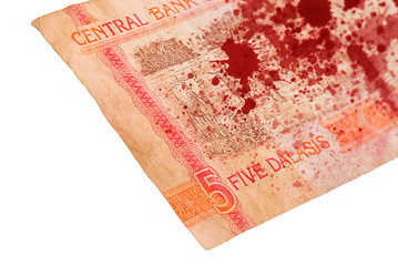 Image showing 5 Gambian dalasi bank note, bloody