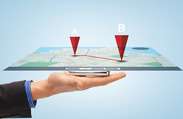 Image showing male hand with smartphone gps navigator map