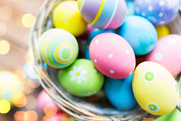 Image showing close up of colored easter eggs in basket