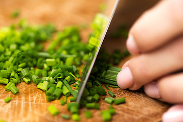 Image showing close up of woman chopping green onion with knife