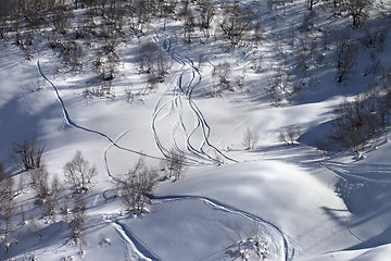 Image showing Off-piste slope with track from ski and snowboard on sunny day