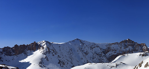 Image showing Panoramic view on snowy mountains in morning