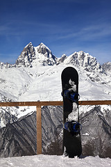 Image showing Snowboards in outdoor cafe at ski resort