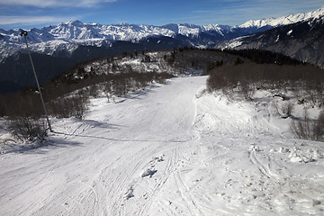 Image showing Top view on ski slope in nice sun day