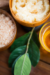 Image showing close up of body scrub in wooden bowl