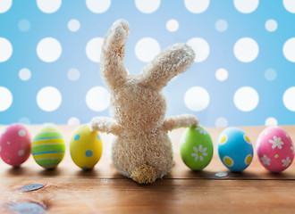 Image showing close up of colored easter eggs and bunny