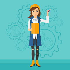 Image showing Woman standing on gears background.