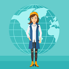 Image showing Business woman standing on globe background.