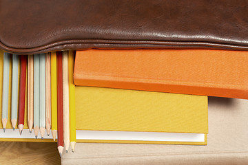 Image showing books and pencils in the leather backpack