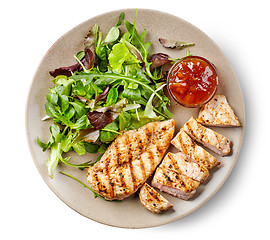 Image showing Green salad and grilled chicken fillet