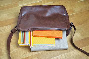 Image showing books and pencils in the leather backpack