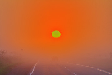 Image showing travel by car on the highway at sun, sunrise