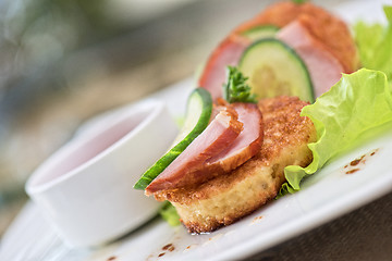 Image showing pancakes with ham and cucumber 