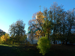 Image showing Golden autumn. Yellow trees and Russian Church