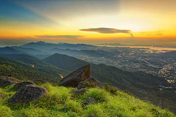 Image showing Sunset over new territories in hong kong