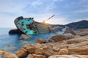 Image showing shipwreck or wrecked cargo ship abandoned