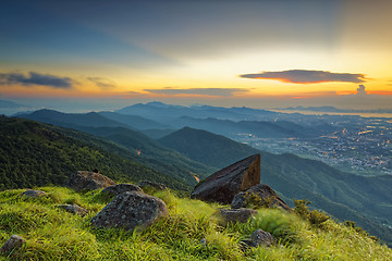 Image showing Sunset over new territories in hong kong