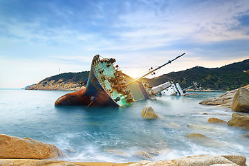 Image showing shipwreck or wrecked cargo ship abandoned