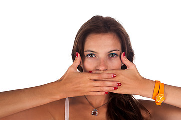 Image showing Pretty woman with freckles covering her mouth