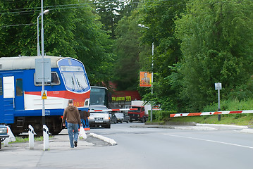 Image showing Train riding over a railway crossing in Svetlogorsk. Russia