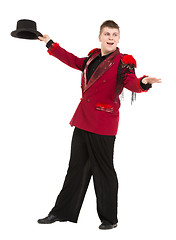 Image showing Emotional Entertainer in Red Suit and Silk Hat