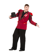 Image showing Emotional Entertainer in Red Suit and Silk Hat