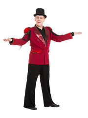 Image showing Emotional Entertainer in Red Suit and Silk Hat
