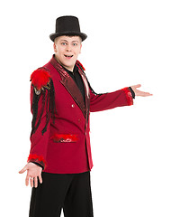 Image showing Emotional Entertainer in Red Suit and Silk Hat