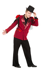 Image showing Emotional Entertainer in Red Suit and Silk Hat