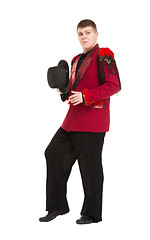 Image showing Emotional Entertainer in Red Suit and Silk Hat