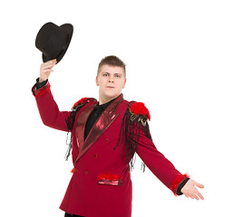 Image showing Emotional Entertainer in Red Suit and Silk Hat