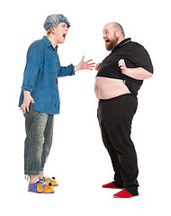 Image showing Actor Dressed as Fairy-Tale Hero Talking with Fatman