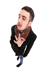 Image showing Young Man in Black Dress Show gestures OK