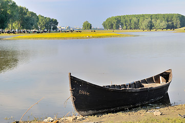 Image showing alone fishing boat on danube river