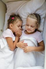 Image showing  Two girls pretending that sleep on the bottom shelf in a train