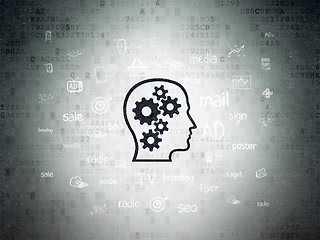 Image showing Advertising concept: Head With Gears on Digital Paper background