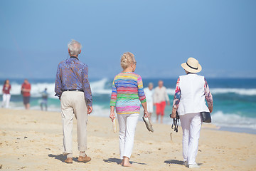 Image showing Active seniors enjoying beach walk.