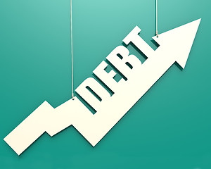 Image showing White arrow with debt word hang on cyan background