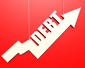 Image showing White arrow with debt word hang on red background