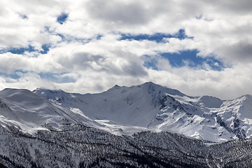 Image showing View on snowy mountains and cloudy sky in evening