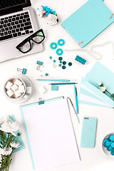 Image showing Still life of fashion woman,  blue objects on white