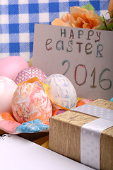 Image showing Easter background with eggs, ribbons and spring decoration