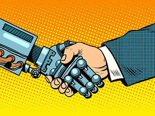 Image showing Handshake of robot and man. New technologies evolution